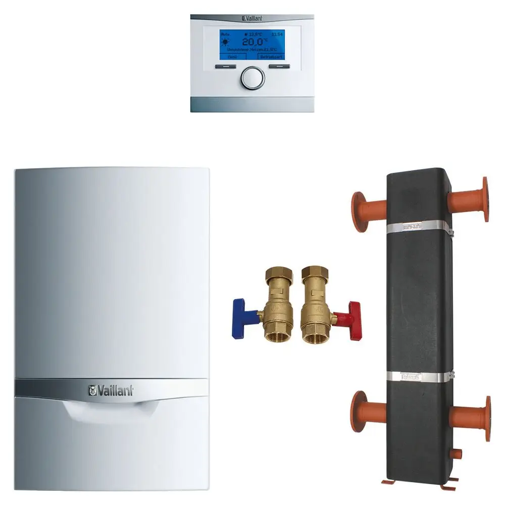 Vaillant Heizkessel mit Montageanleitung, ein Thermostat und zwei Ventilen zur Regelung der Heizungsanlage. Zubehörteile sind ebenfalls abgebildet.